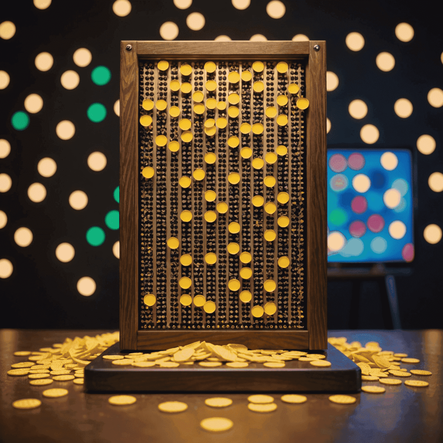 Tablero de Plinko con fichas cayendo, rodeado de luces brillantes de estudio de televisión