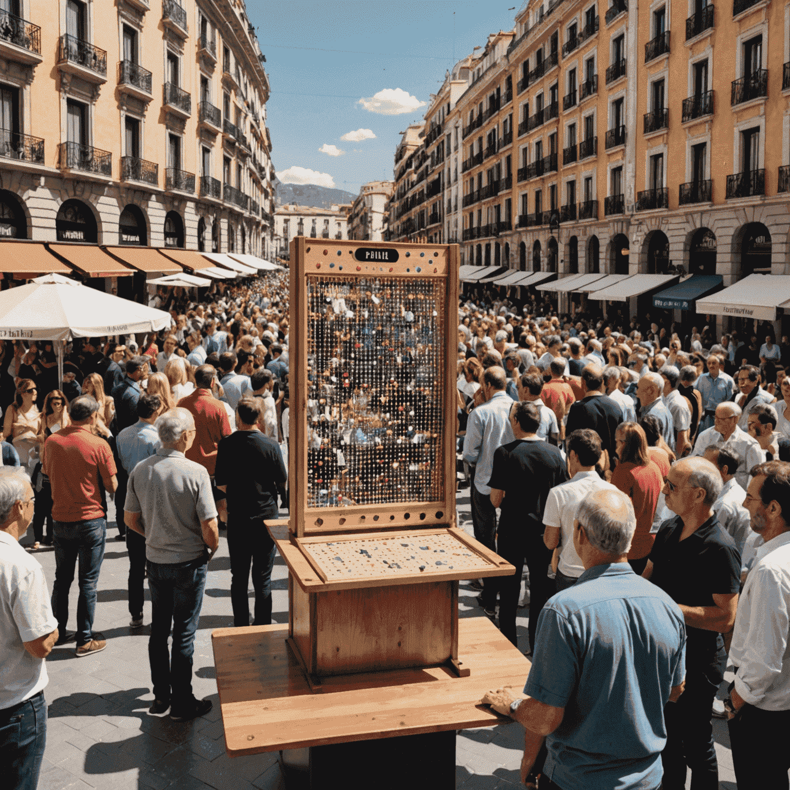 Evento de Plinko en España, mostrando una gran multitud reunida alrededor de mesas de juego en una plaza pública